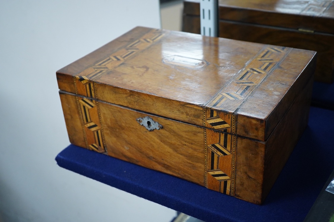A Victorian walnut and parquetry box, a small group of minerals and an inlaid box, largest 30cm